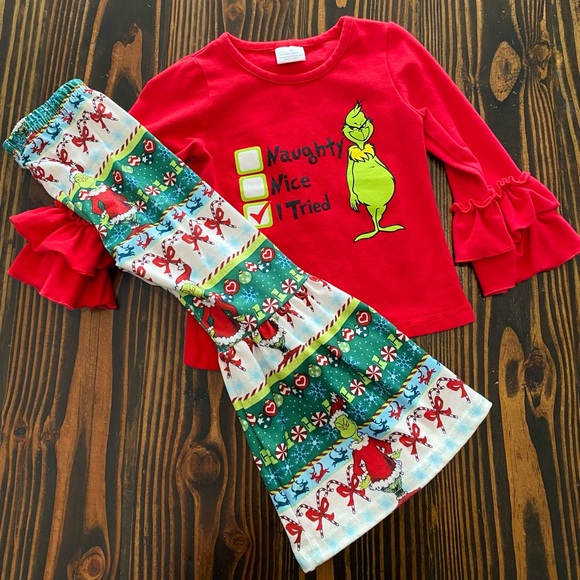 Grinch Christmas Top and Festive Bell Bottom Pants Set, girls size S (2T) - Picture 2 of 7